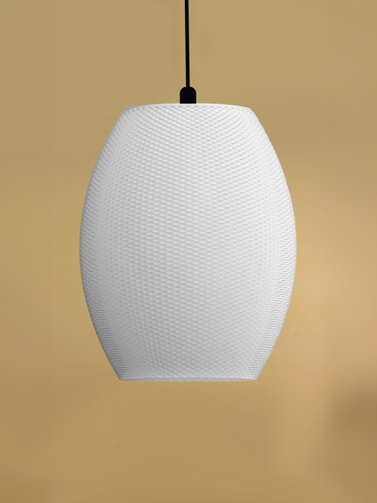 OLIVA lampshade in white: rounded oval shape with a fine knit-like mesh, hanging from a black cord